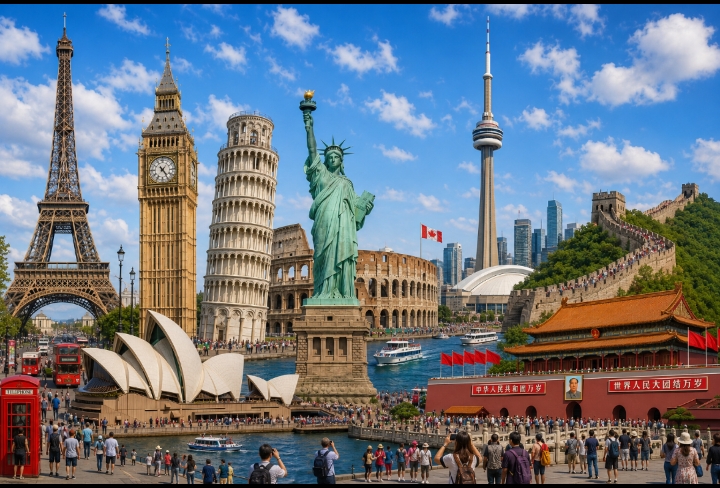 World landmarks — the Eiffel Tower, Big Ben, the Leaning Tower of Pisa, the Statue of Liberty, the CN Tower, the Great Wall and more